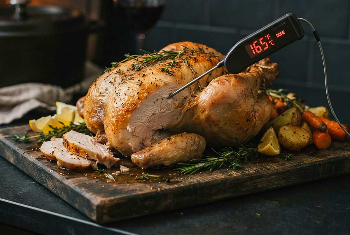 Meat Cooking Temperatures: A Complete Guide to Meat Temps showing a roasted chicken on a cutting board with a meat thermometer