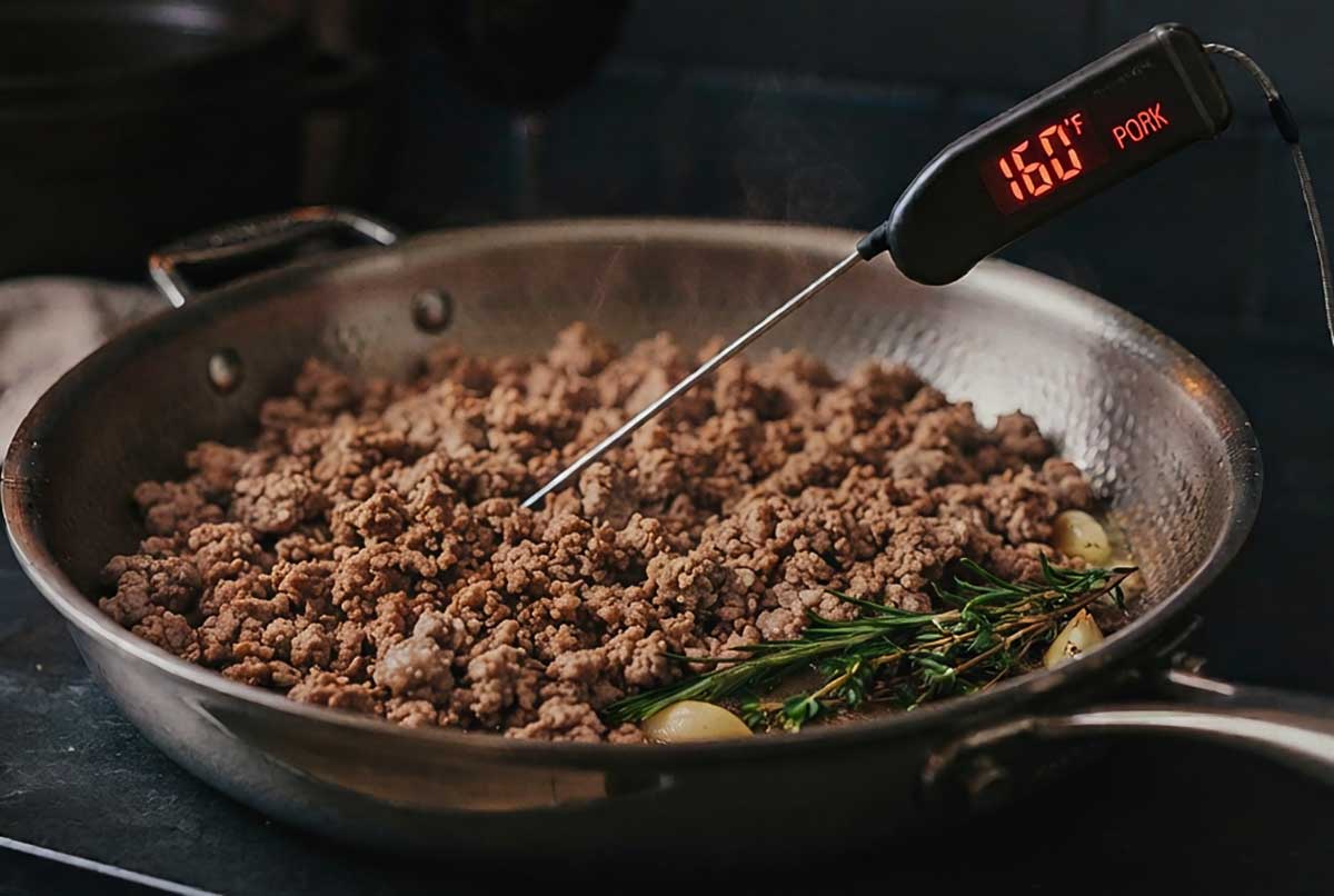 Meat Cooking Temperatures: A Complete Guide to Meat Temps, cooking ground beef in a skillet