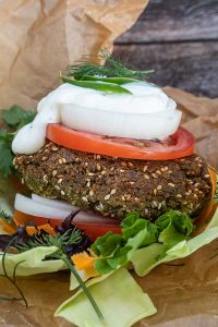 falafel burger on lettuce with toppings