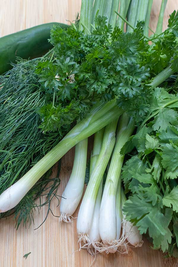 green onions and fresh herbs on a cutting board