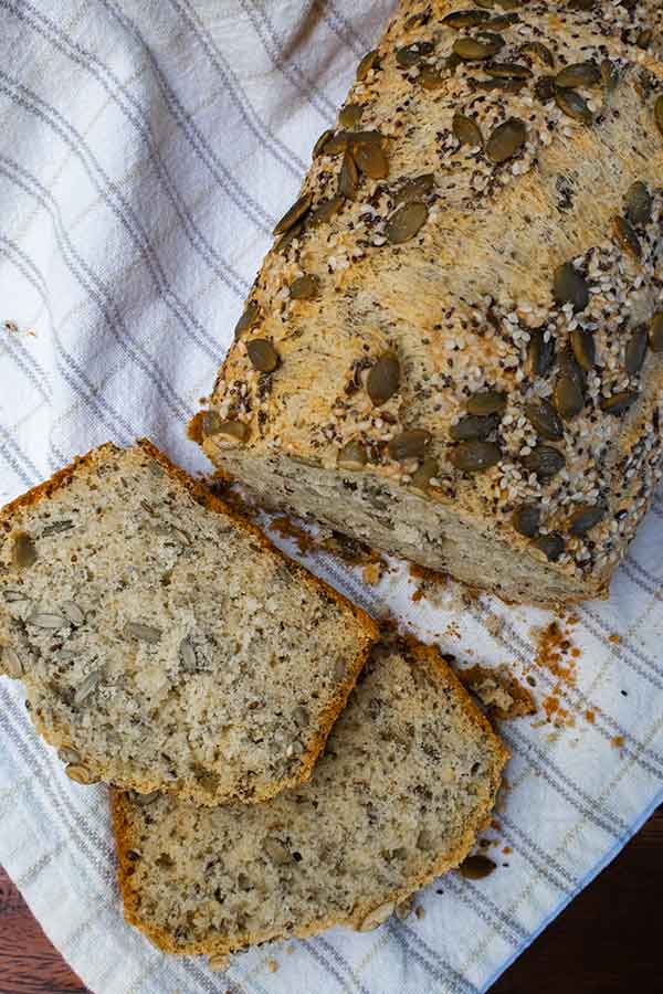 top view of 2 slices of gluten free seeded bread