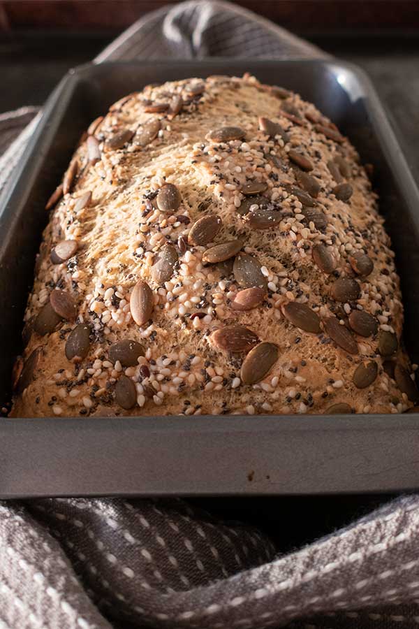 front view of baked seeded quick bread in a pan
