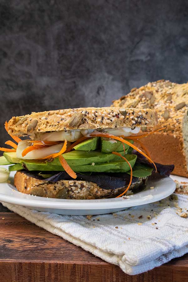 gluten free seeded quick bread sandwich with avocado