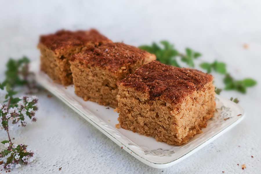 snicker doodle snacking cake slices on a platter