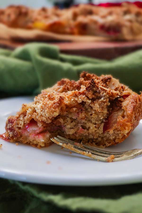 piece of half eaten gluten free snacking cake with plums