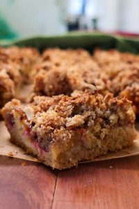 slice of plum and almond crumble snacking cake, gluten free