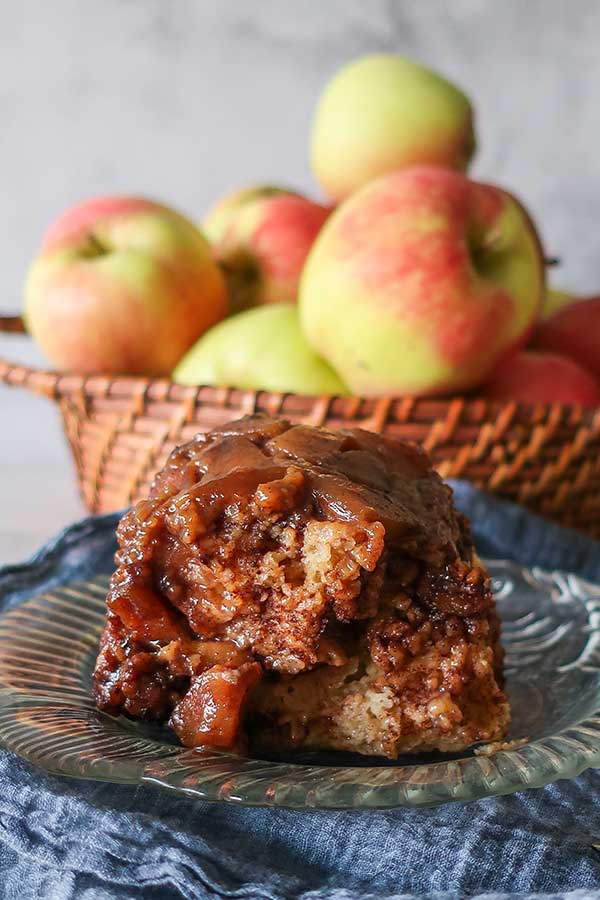 close up of a slice of apple cinnamon monkey bread on a dessert plate