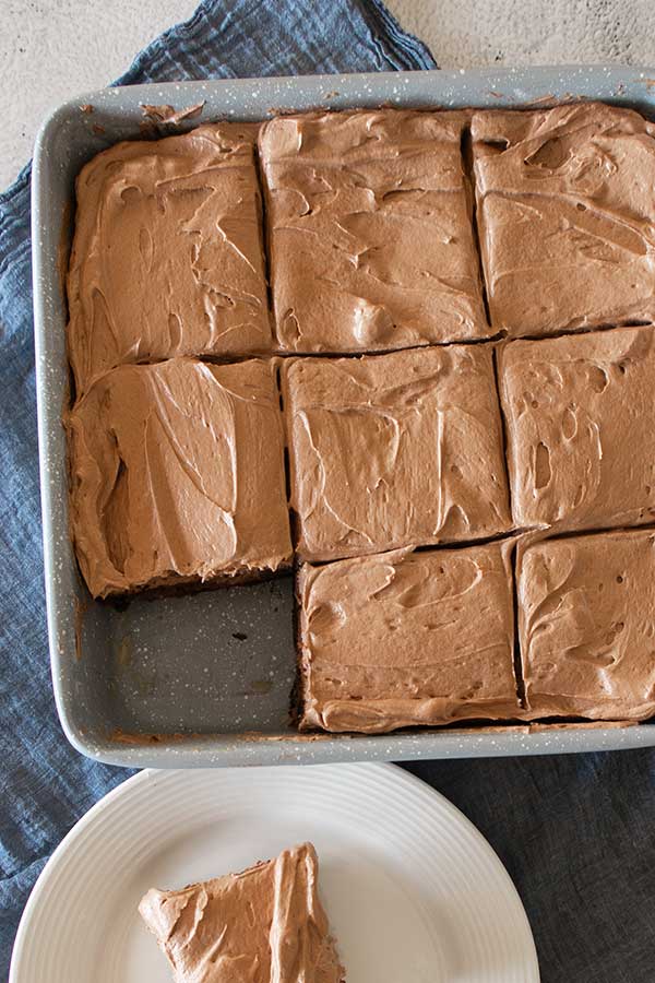 sliced banana cake with Nutella frosting in a pan