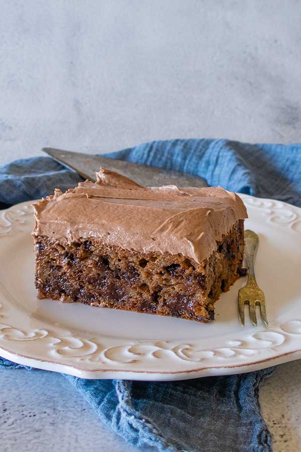 close up of chocolate chip banana snacking cake with nutella frosting on a plate