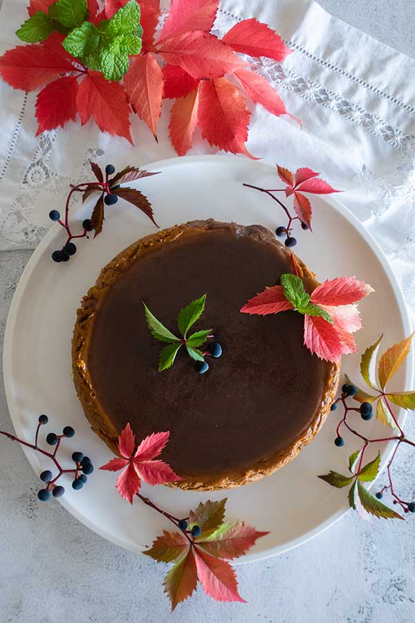 top view of salted caramel chai pumpkin cheesecake