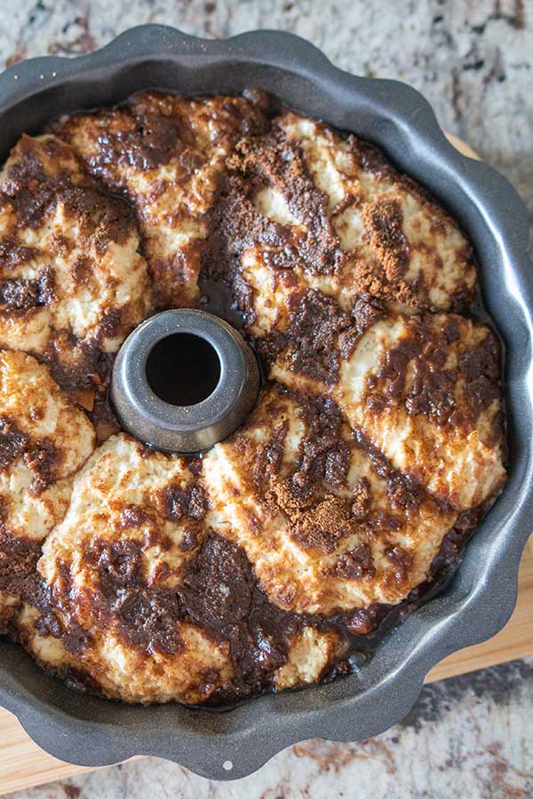 proofed batter in a bundt pan