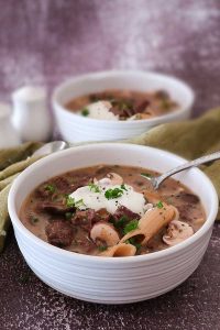 beef stroganoff soup in a bowl