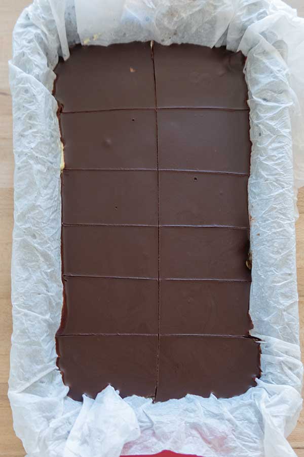 top view of nanaimo bars in a loaf pan