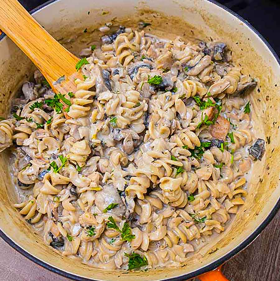 turkey stroganoff made with leftover turkey in a pot