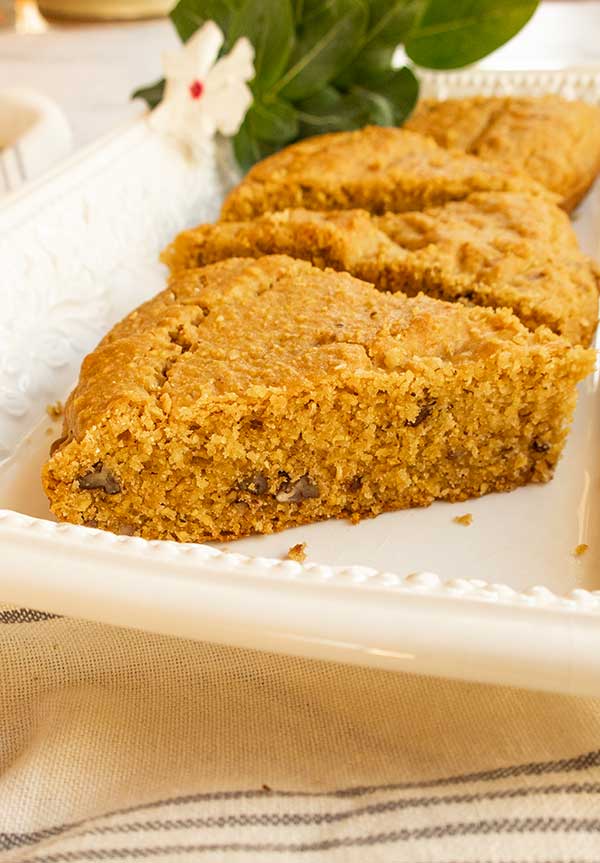 platter with sweet vegan cornbread pieces