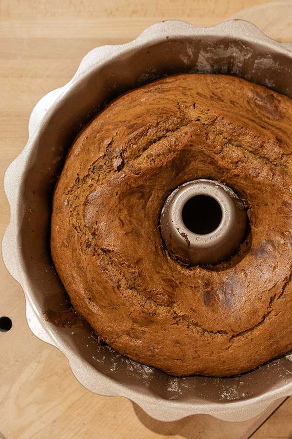 baked marble kuglof in a bundt pan