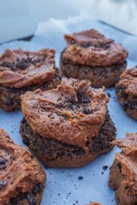 oreo crumbl cookie with chocolate buttercream frosting