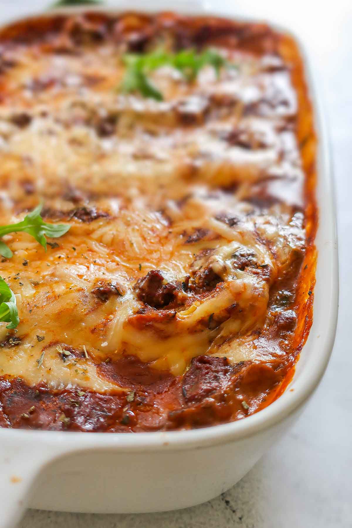 overview of baked dairy free and gluten free lasagna in a baking dish