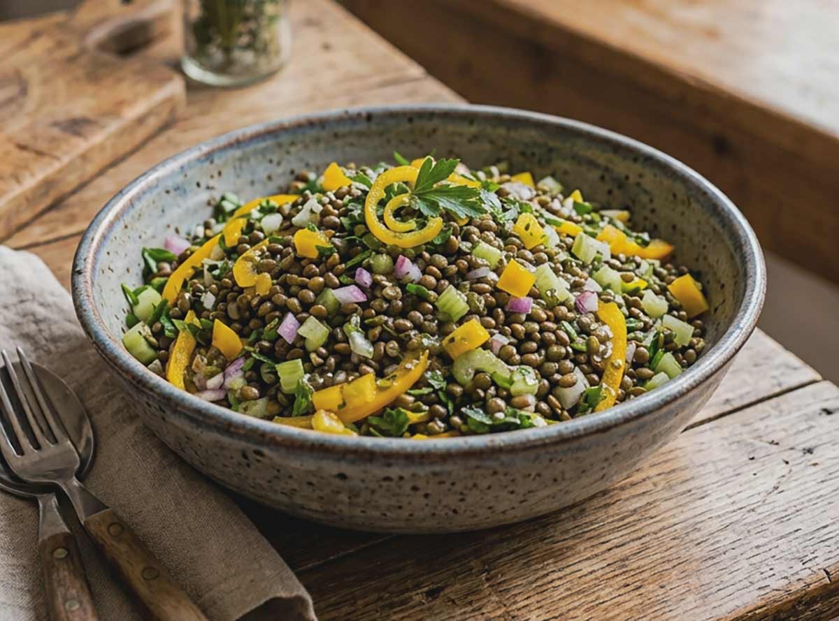 healthy French lentil salad with fresh veggies and light vinaigrette in a bowl