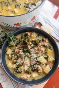 overview of zuppa toscana, Tuscan soup in a bowl. Low carb and dairy free