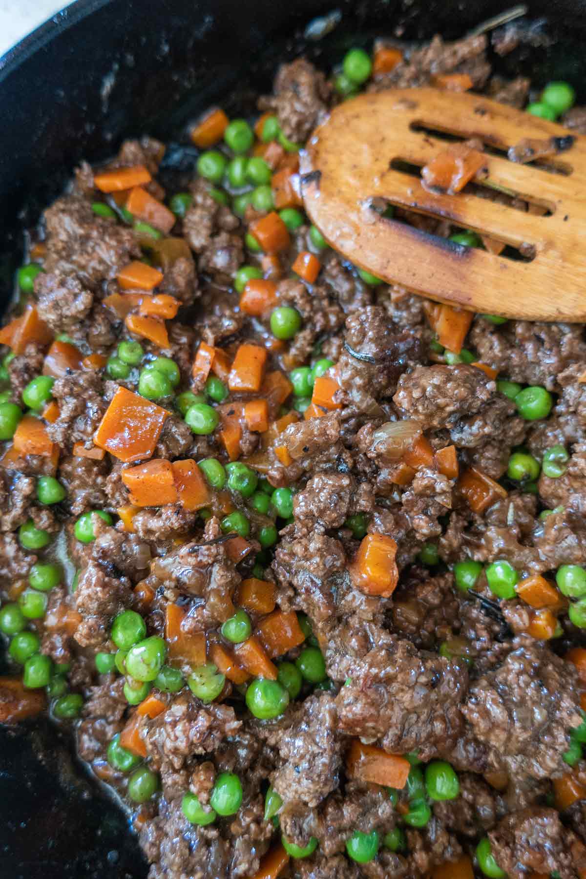 cooked shepherd’s pie filling in a skillet