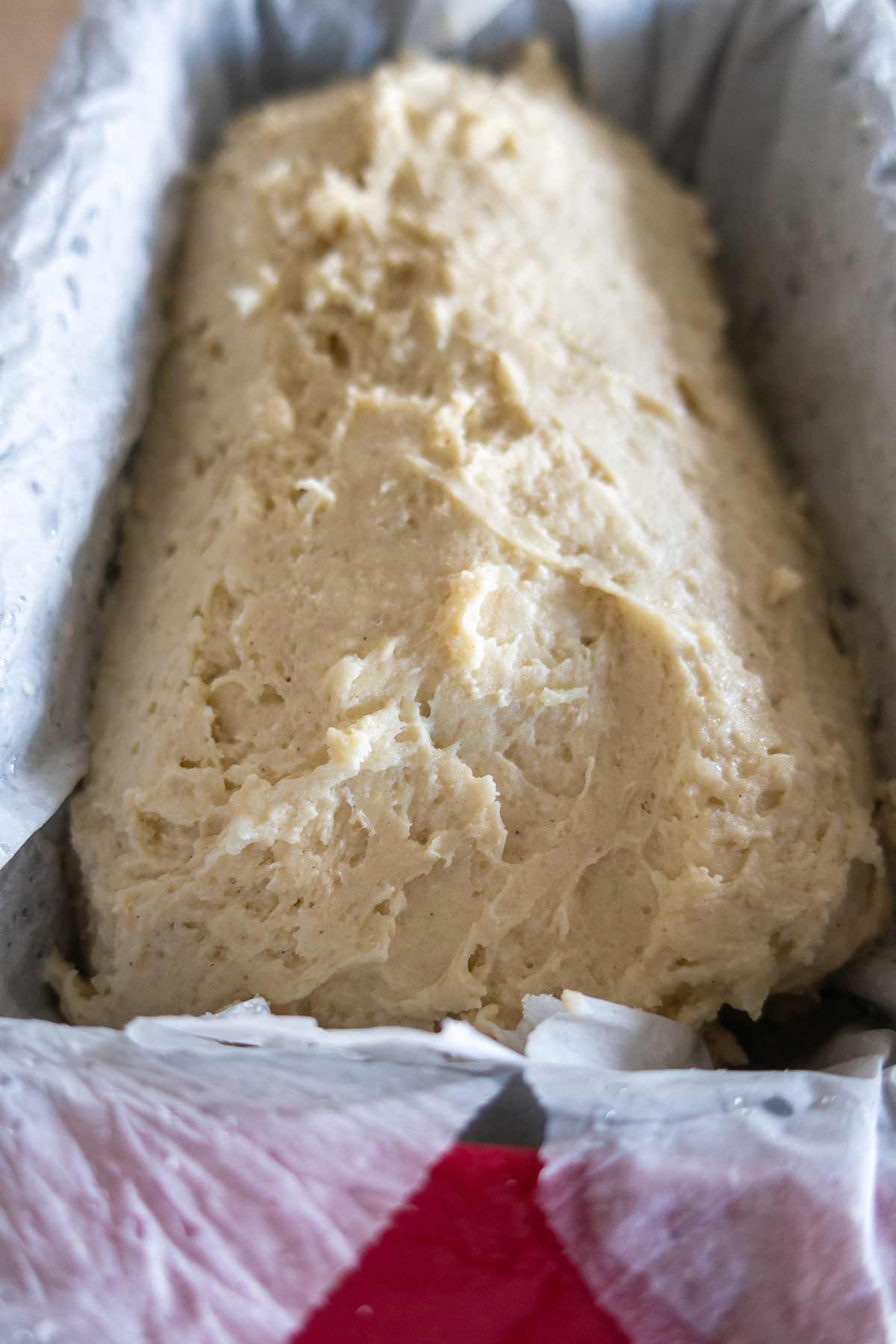 dough shaped into a bread loaf in a bread pan