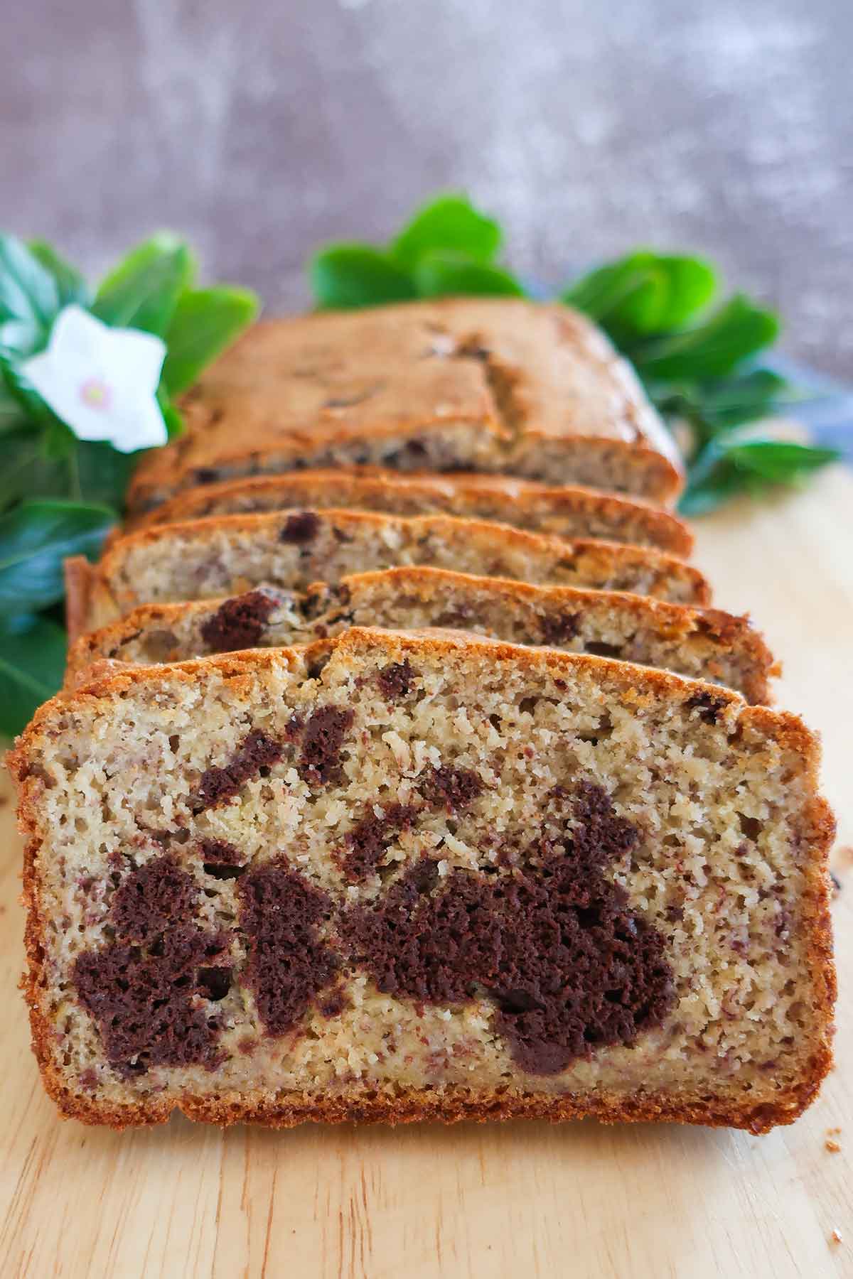 front view of sliced marbled banana bread