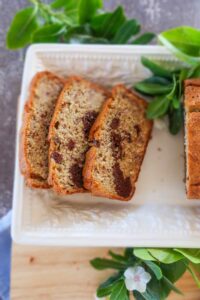 3 slices of marbled banana bread on a plate