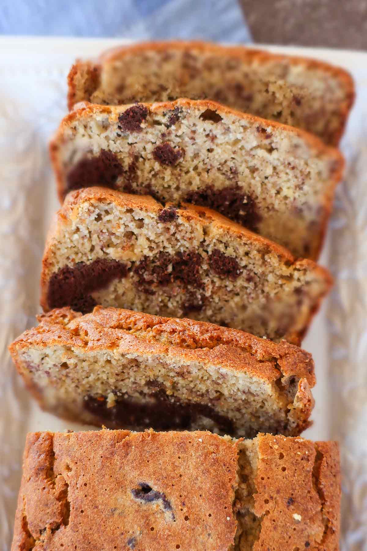 overview of sliced marbled banana bread