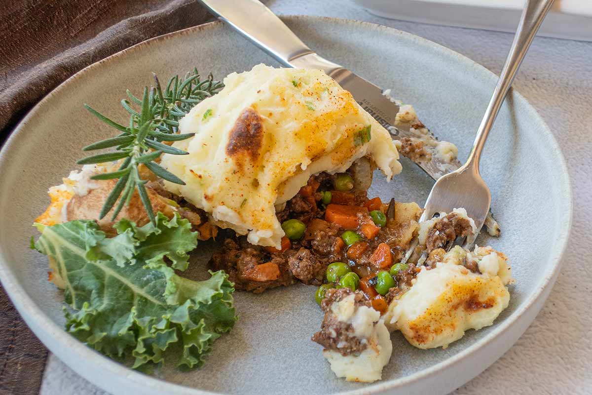 shepherd’s pie double baked potato on a plate