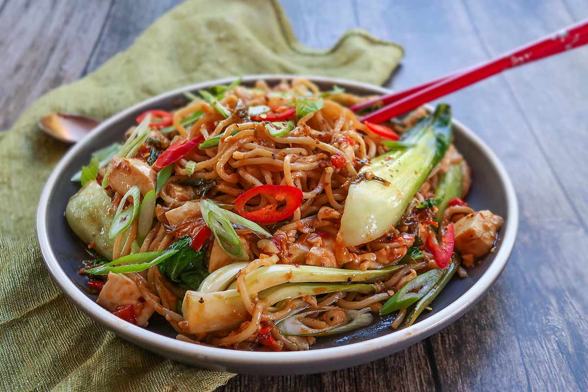 schezwan noodles in a bowl with chopsticks, gluten free