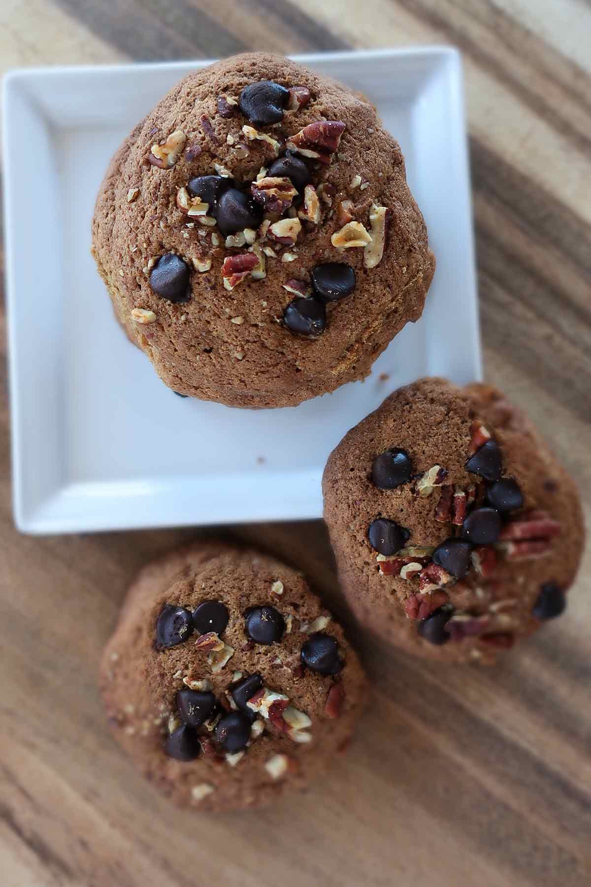 overview of staked chocolate mocha cookies on a dessert plate