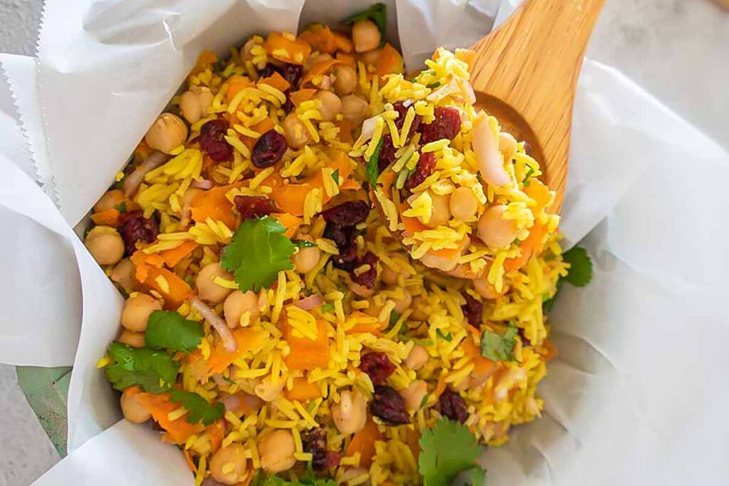 moroccan chickpea rice salad in a bowl