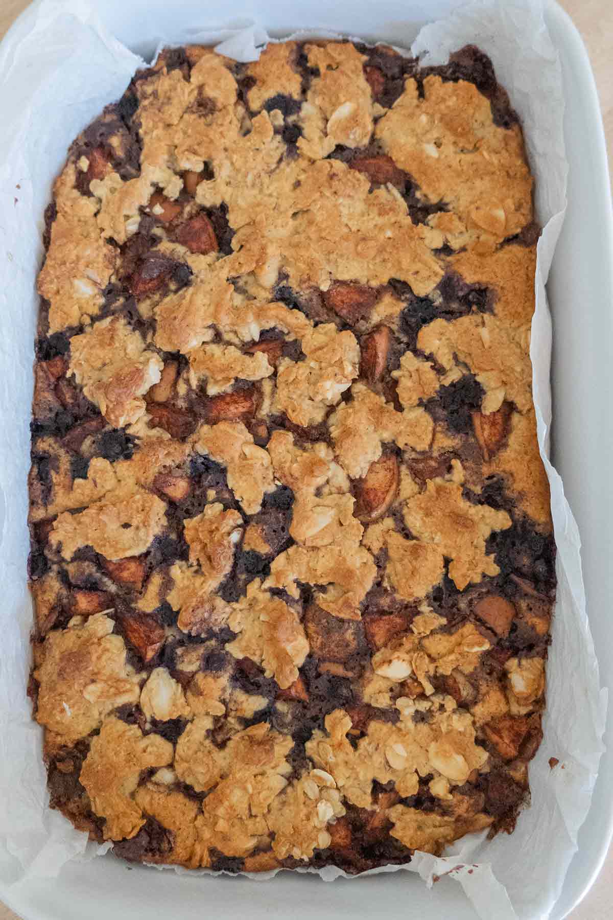 baked breakfast bars in a pan before they are sliced