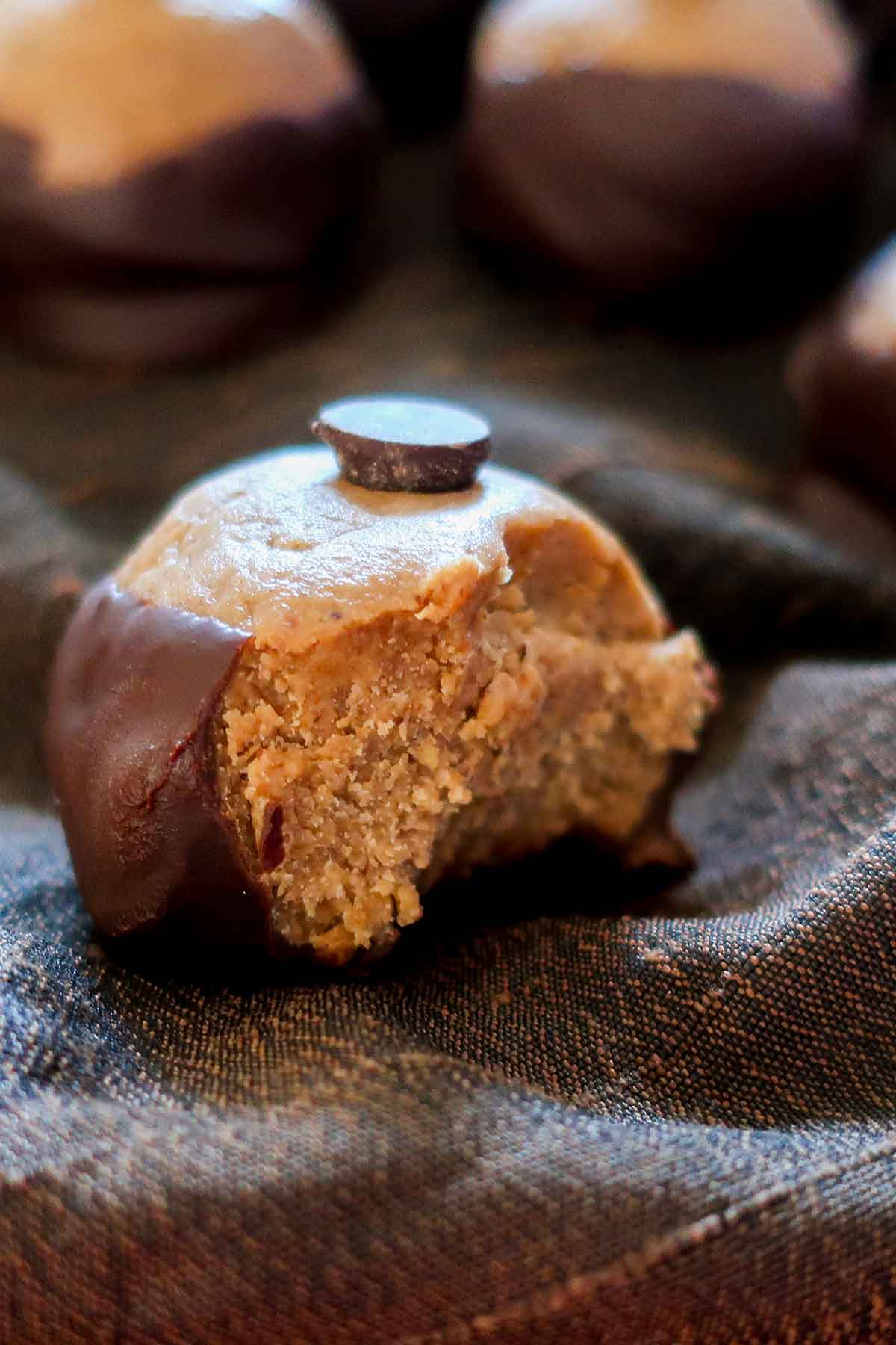 close up of a bite taken out of gluten free buckeye cookie