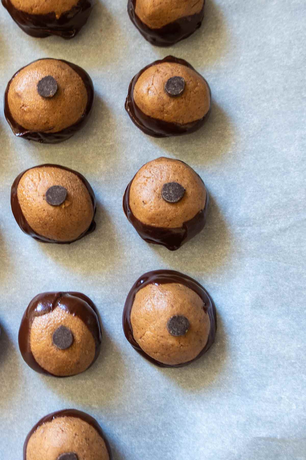 buckeye cookies topped with one chocolate chip