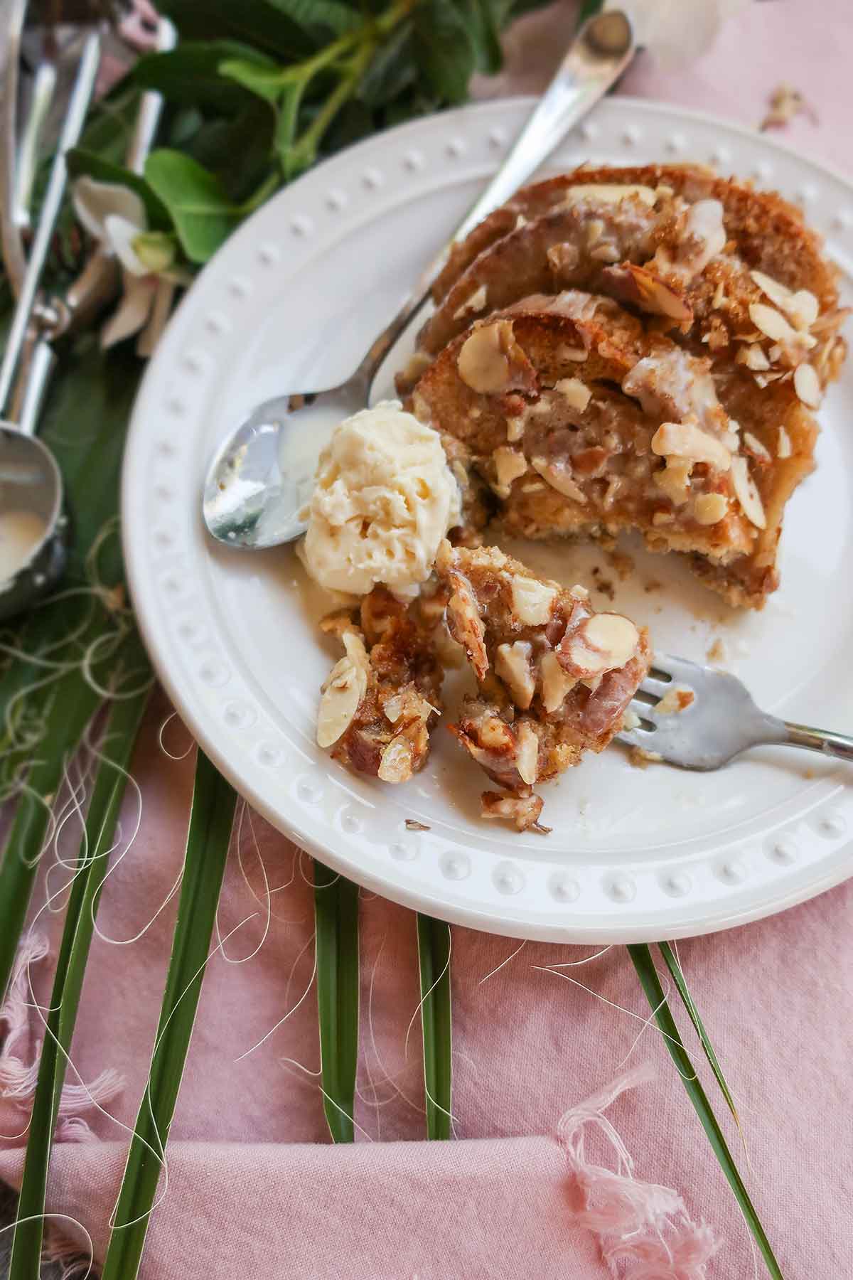 serving of french toast with ice cream on a small plate