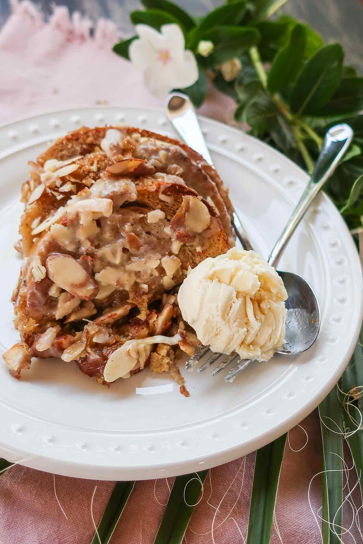 serving of french toast breakfast casserole with ice cream on a plate