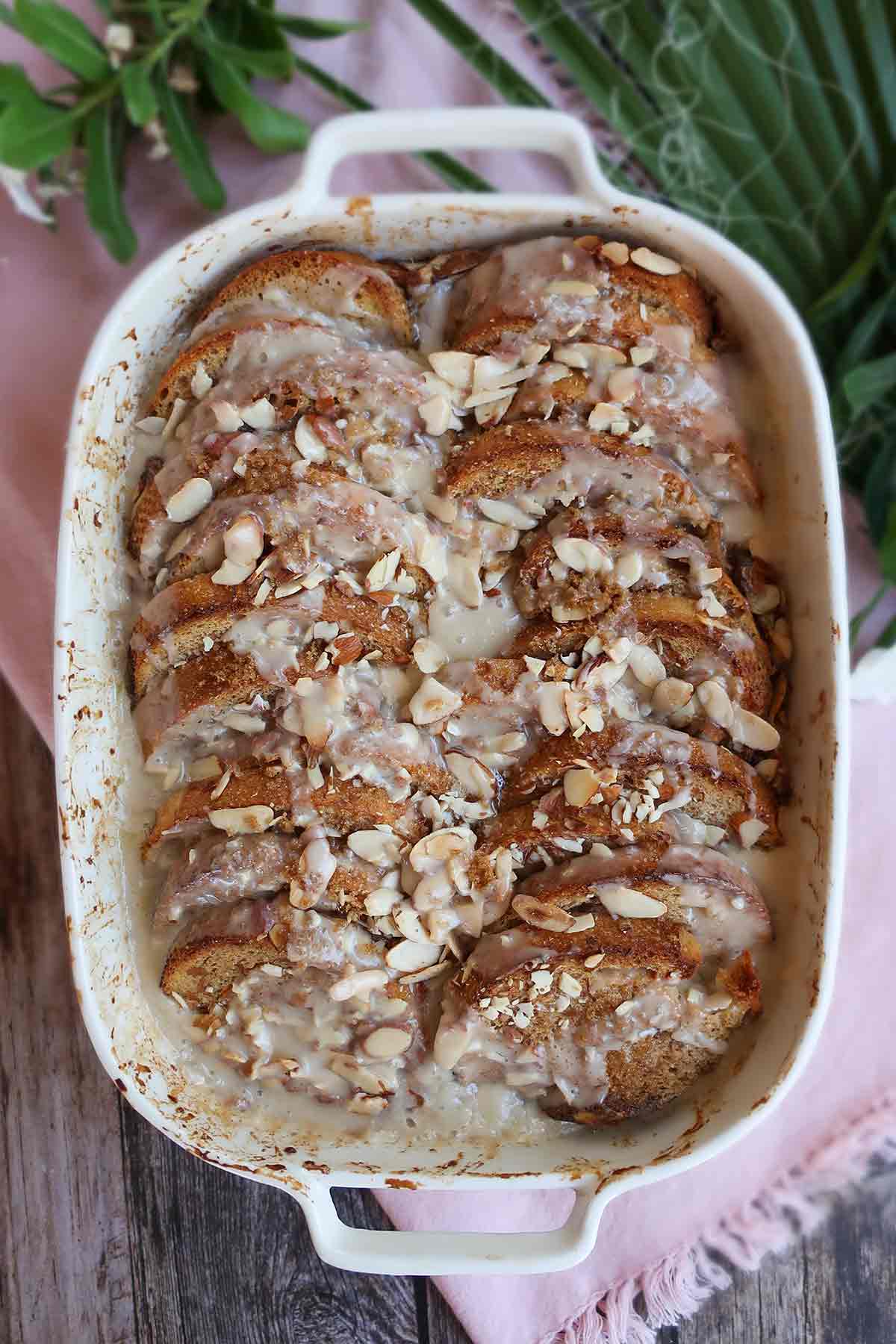 overview of baked french toast casserole in a baking dish