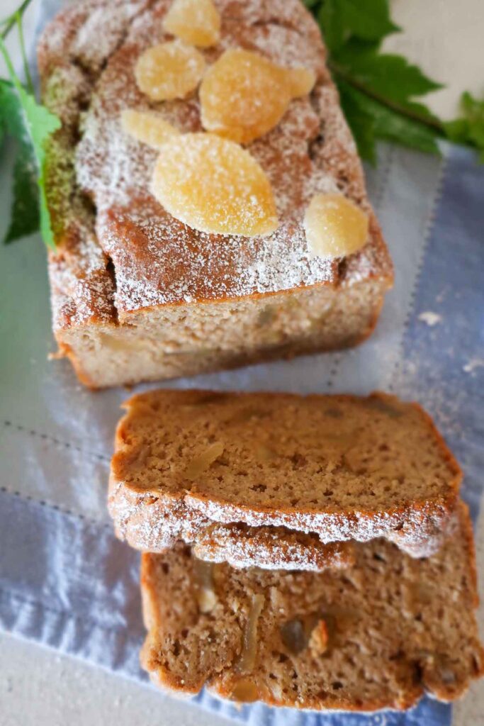 banana ginger loaf topped with crystallized ginger chunks