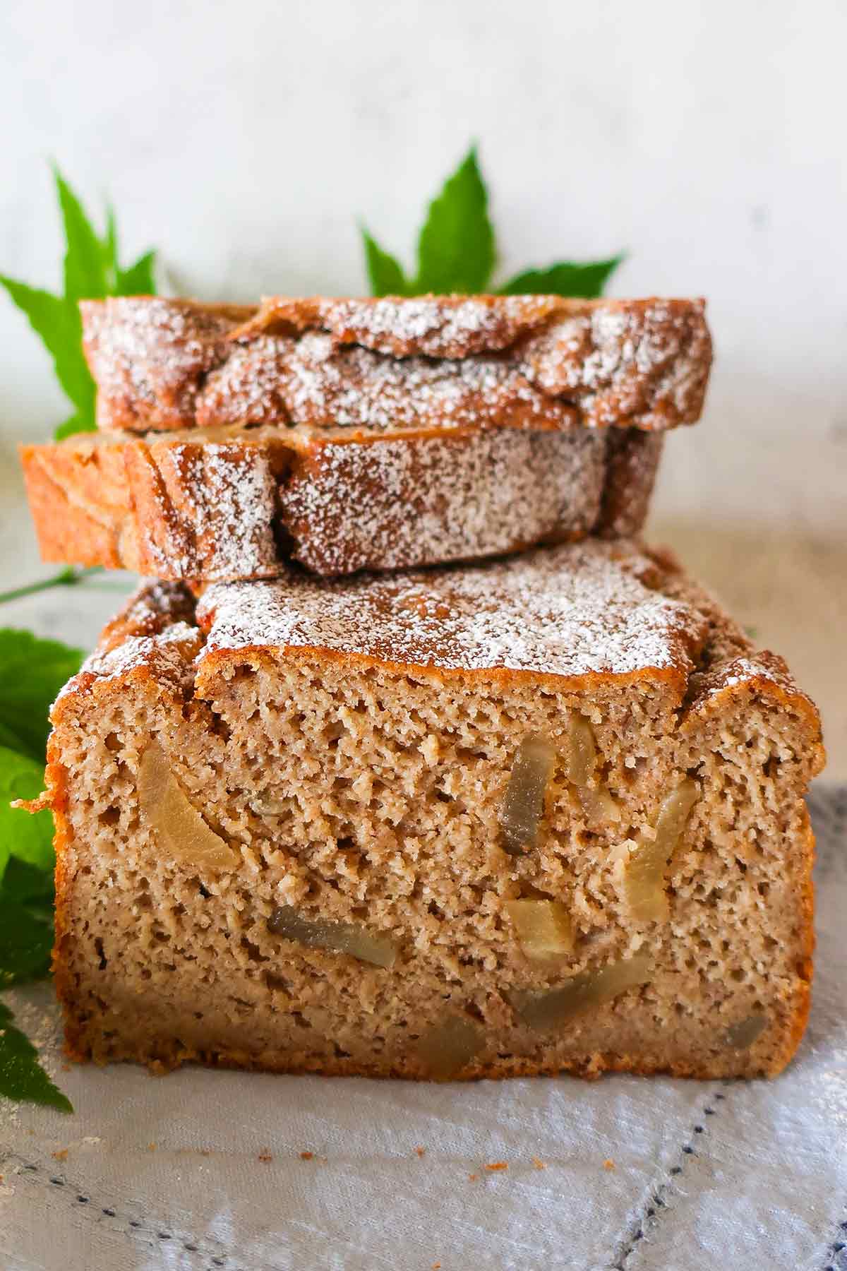 a cross section of banana bread with ginger
