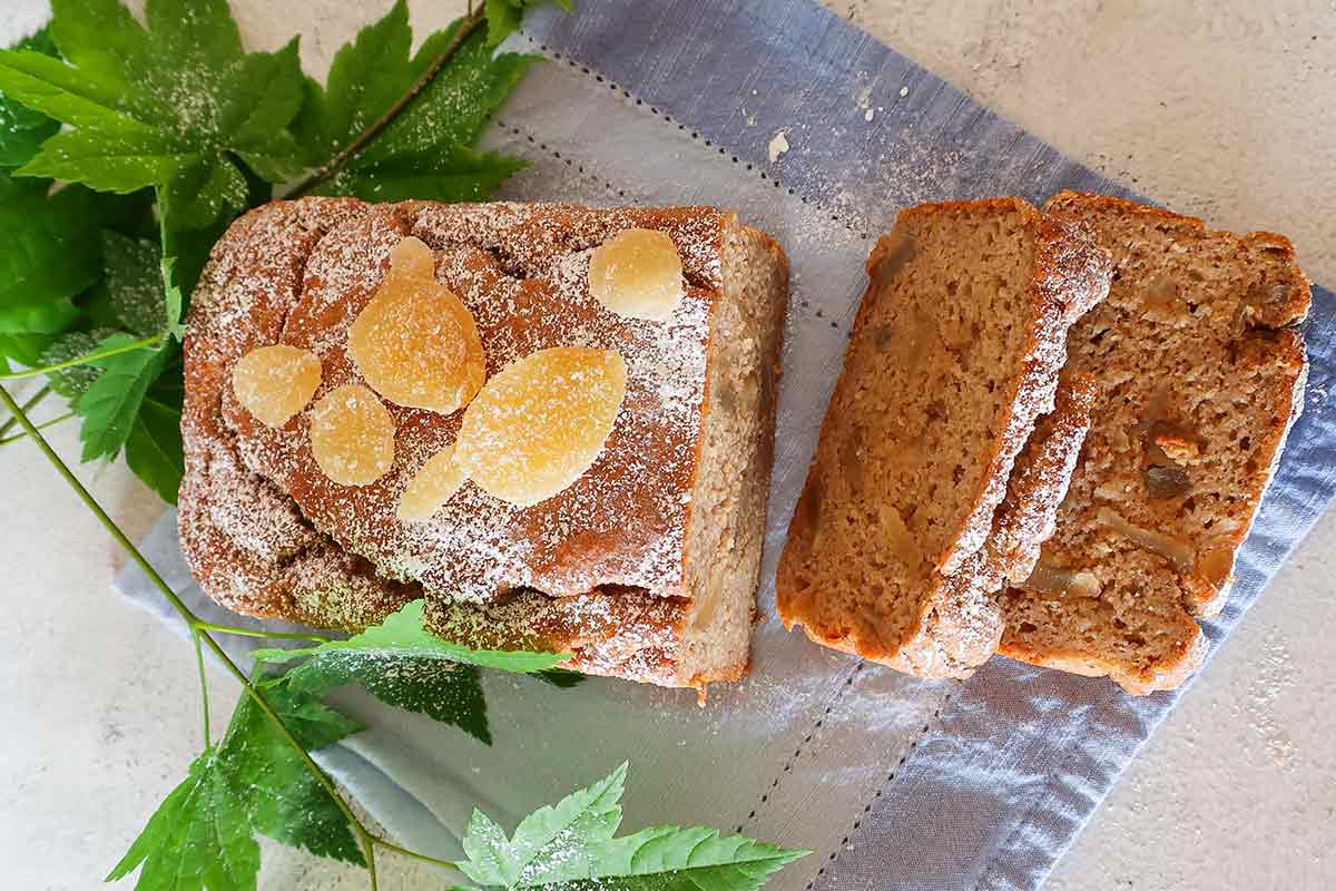 banana bread topped with crystalized ginger