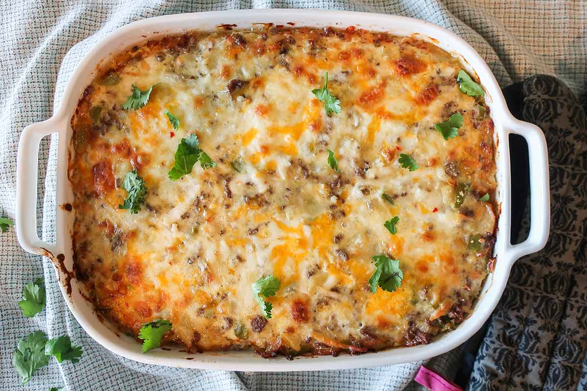 overview of baked gluten free sausage breakfast casserole in a dish