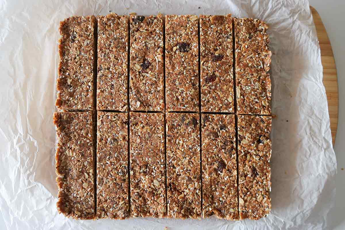 sliced granola bars on a parchment paper