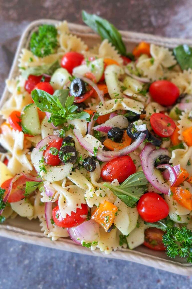 summer pasta salad with fresh veggies in a bowl great for potluck or meal prep