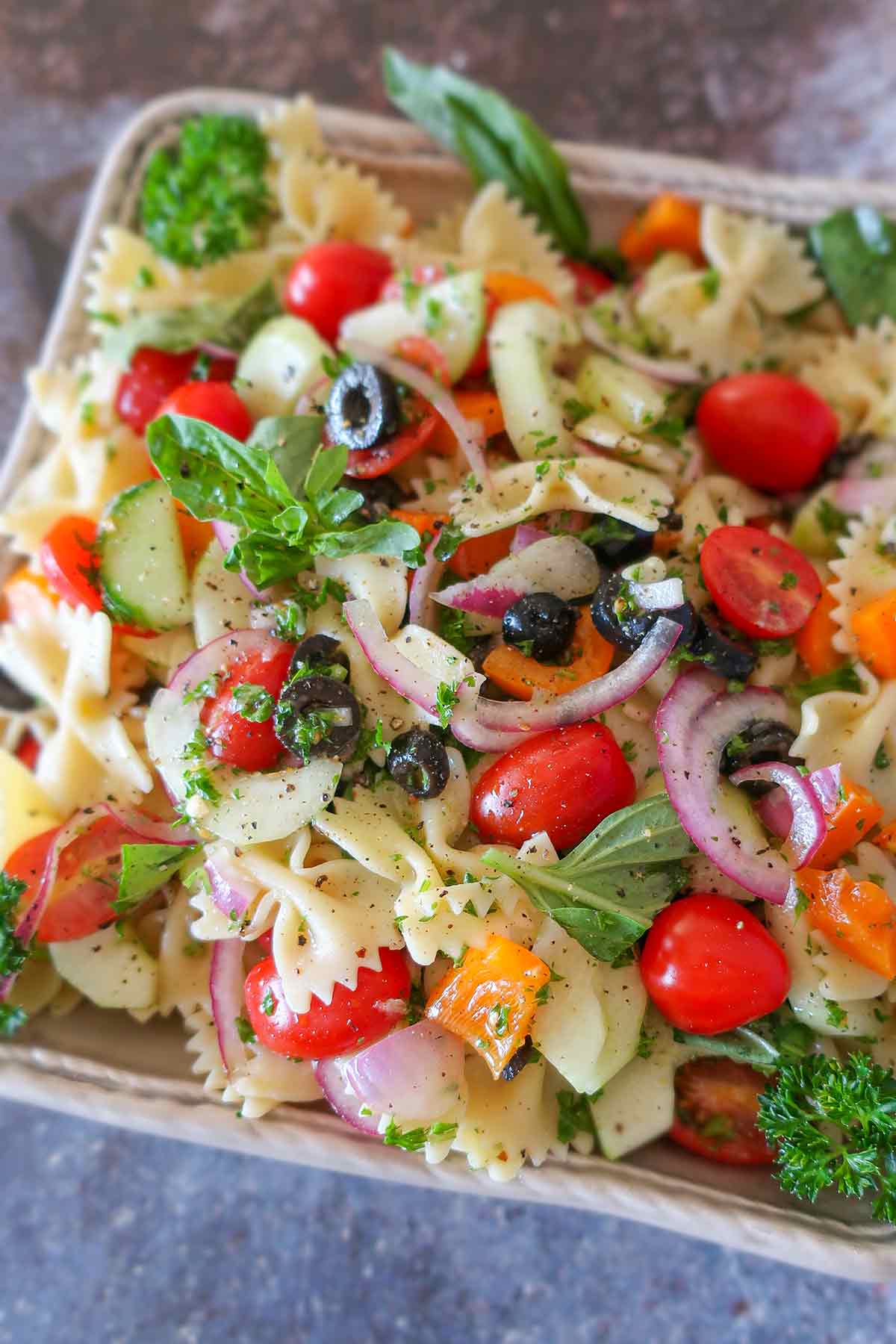 summer pasta salad with fresh veggies in a bowl