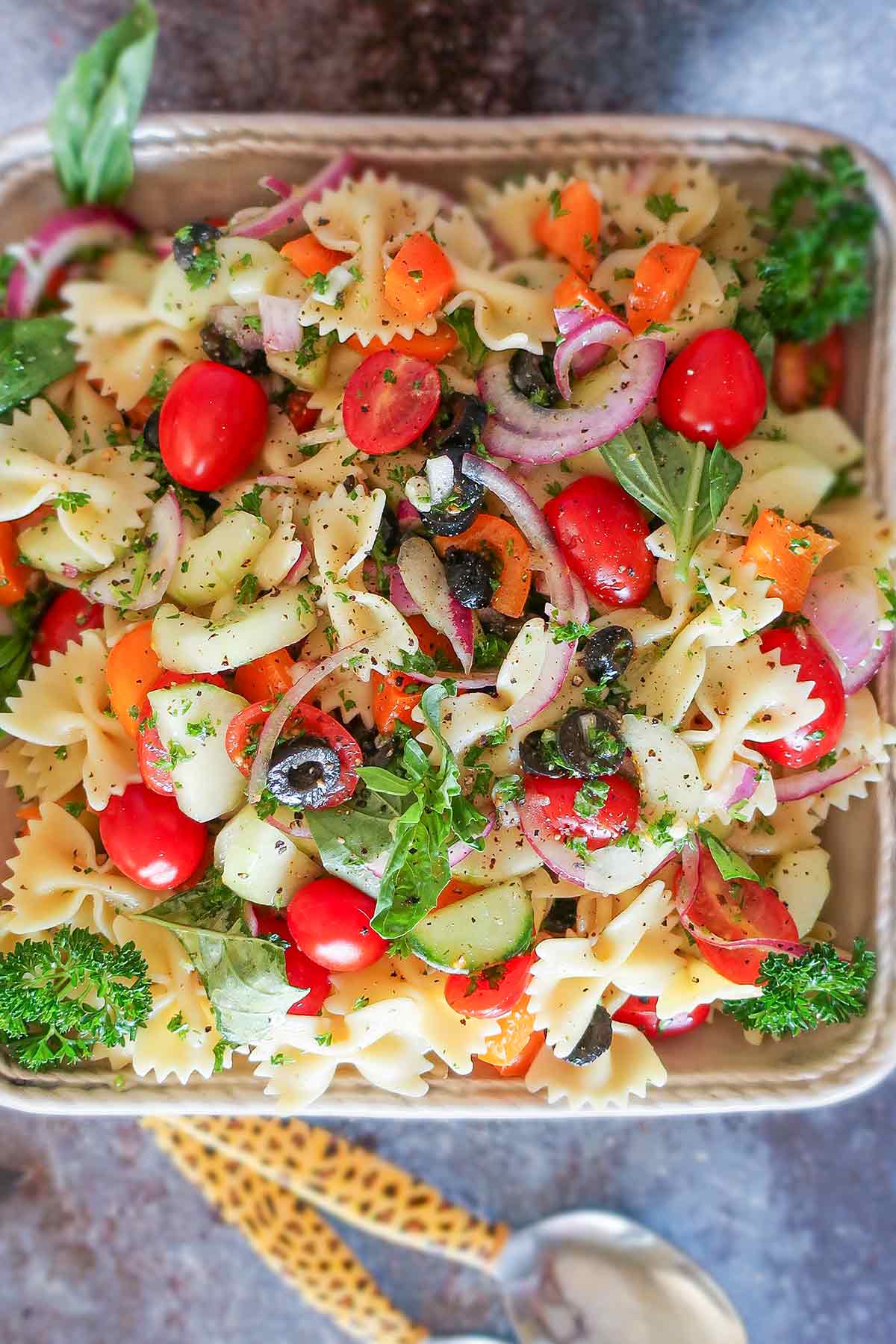 gluten free pasta and fresh veggies with vinaigrette salad