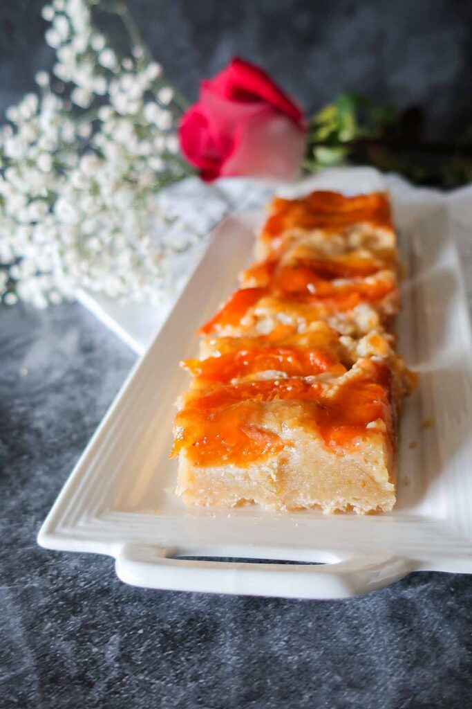 close of of a slice of gluten free apricot tart pastry