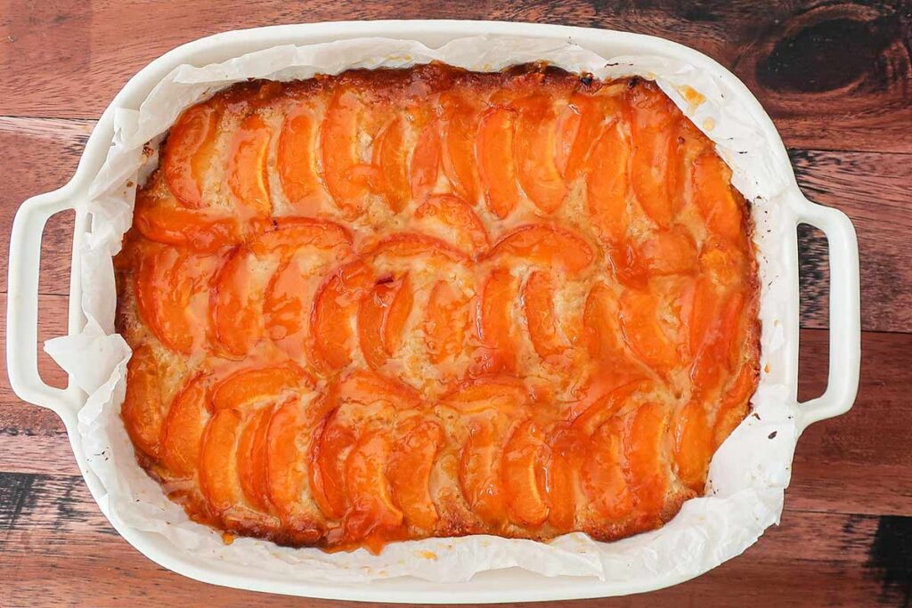 overview of baked apricot tart in a oval baking dish