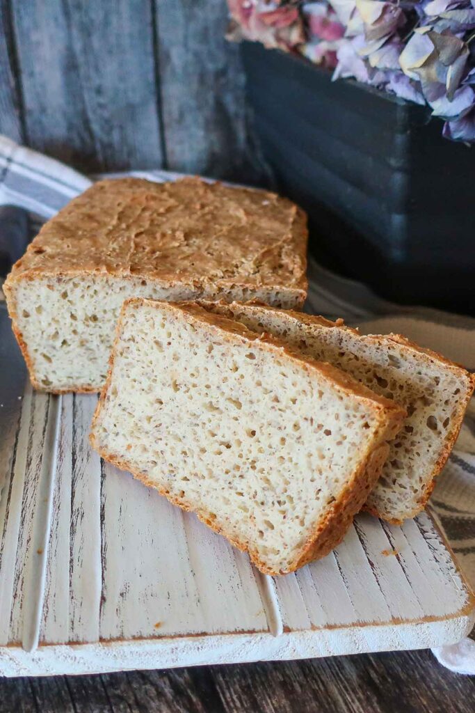 close up of sliced gluten free food processor bread